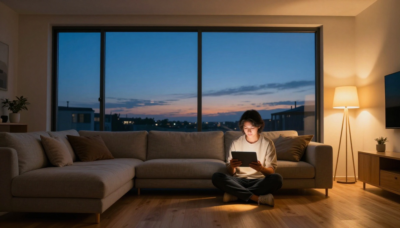 Person at dusk on sofa with tablet