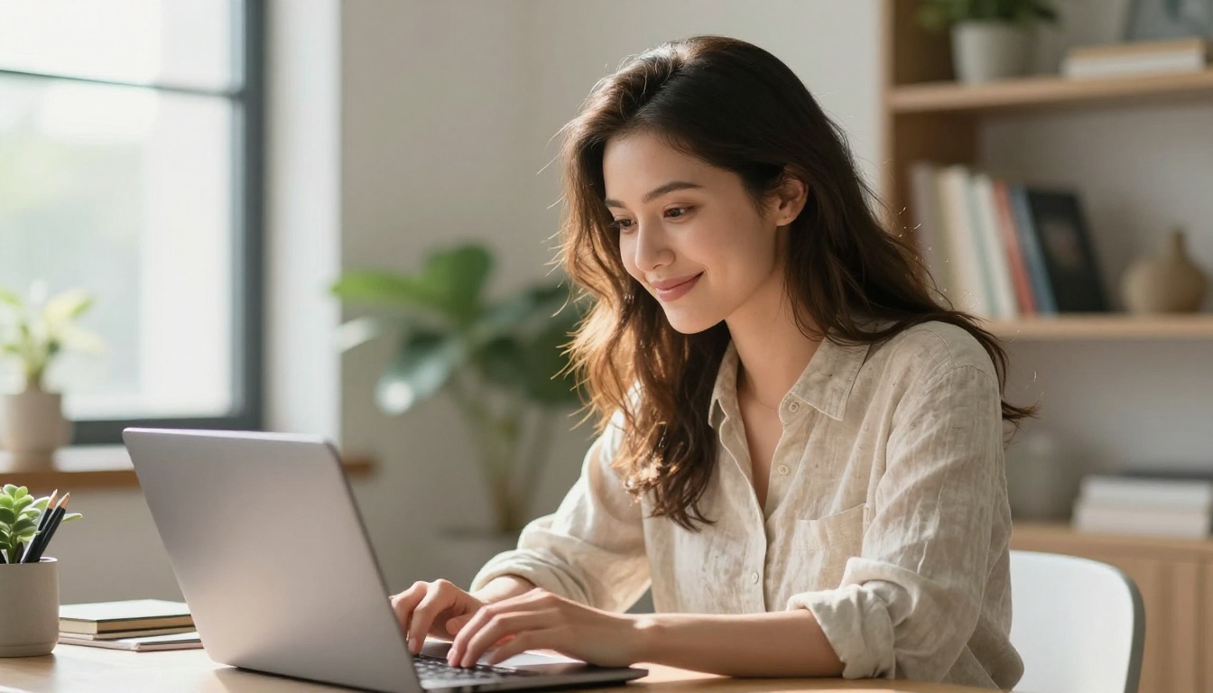 Attractive woman at a bright desk evaluating AI video output on laptop
