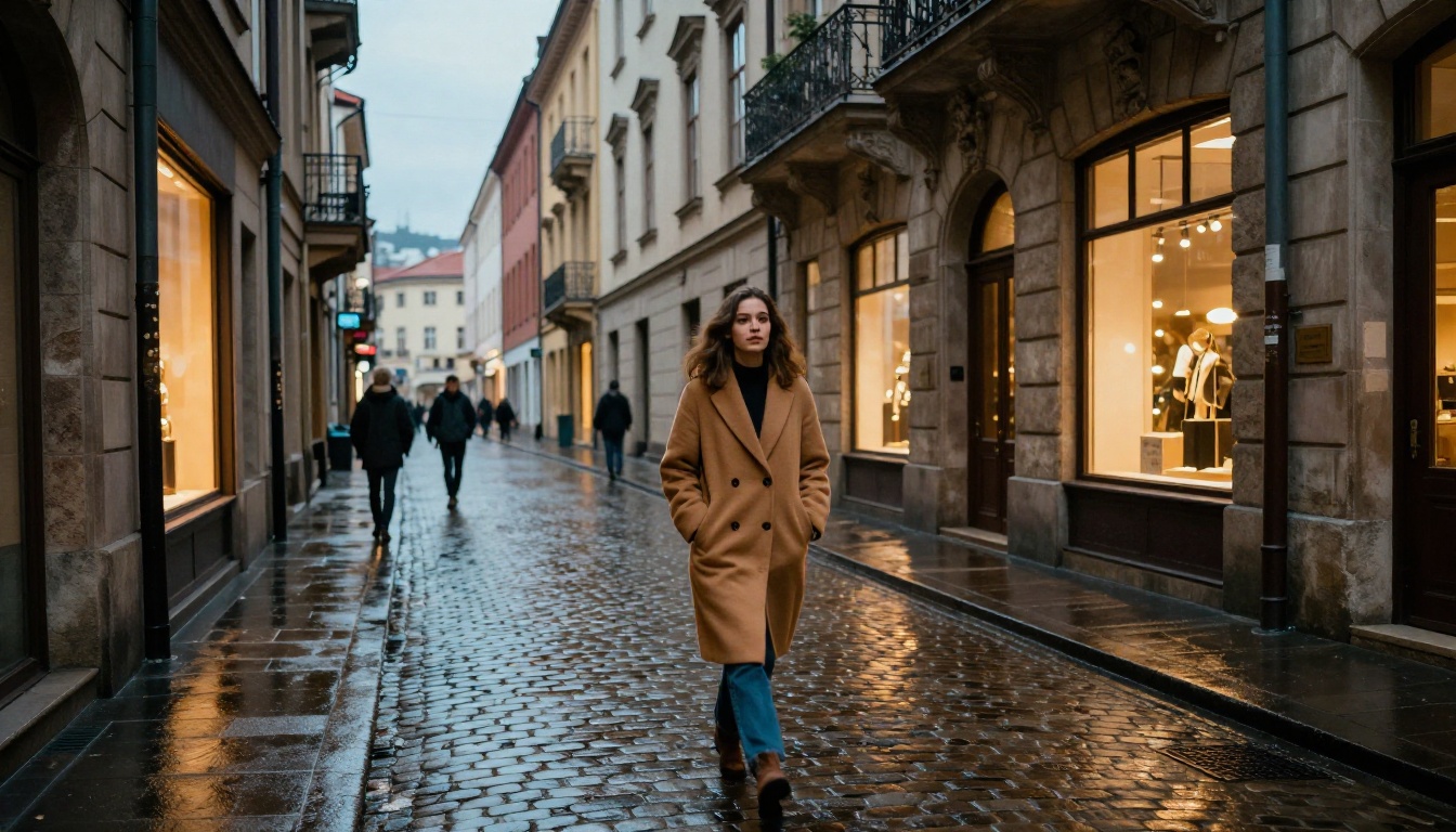 Candid street photography in a wet cobblestone European city alley with warm window light and natural film grain