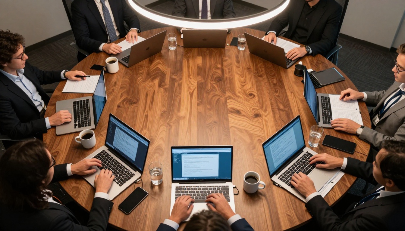 Conference room with laptops and professionals