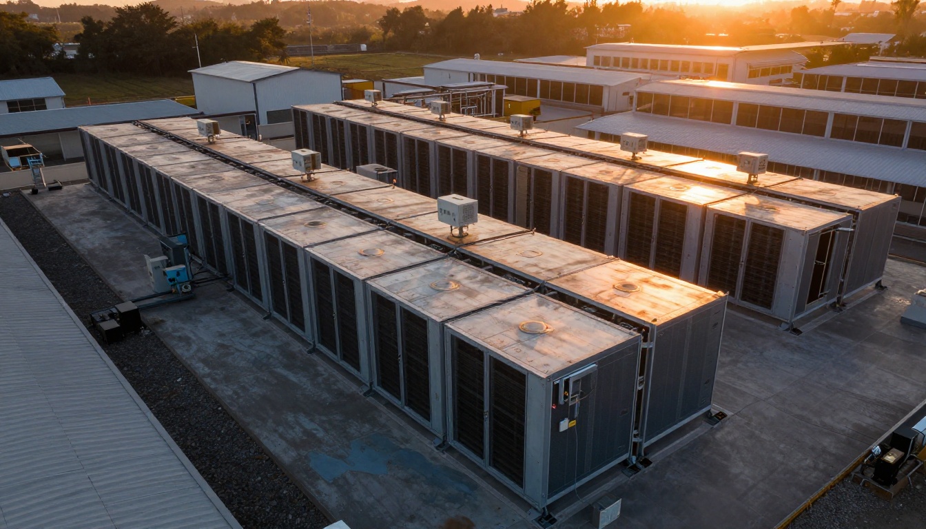 Aerial view of AI data center infrastructure showing server cooling units at golden hour