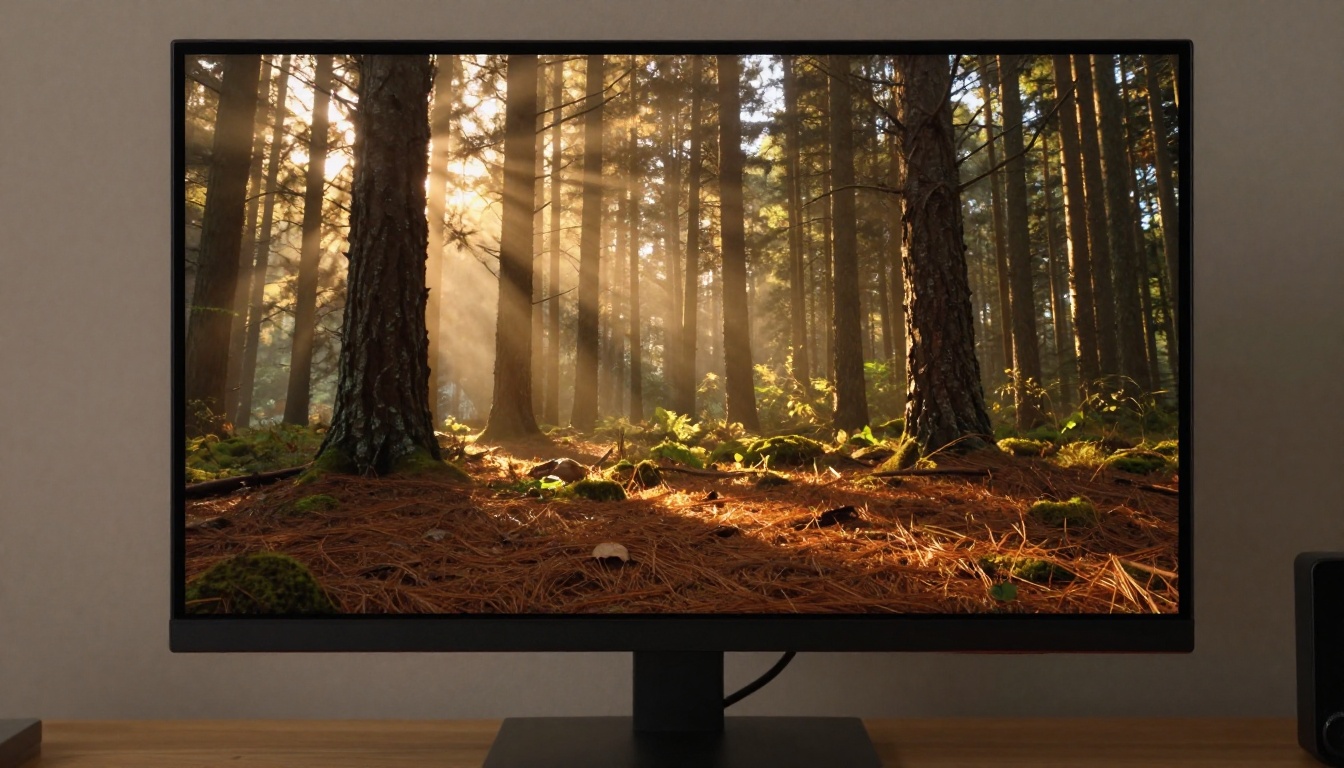 Cinematic forest scene displayed as an AI video output on a studio monitor
