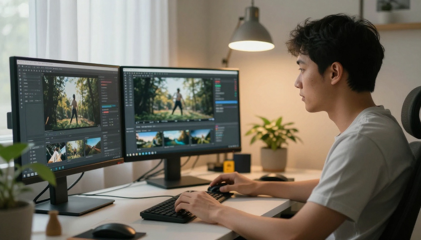 Content creator at organized desk with multiple monitors running AI video generation
