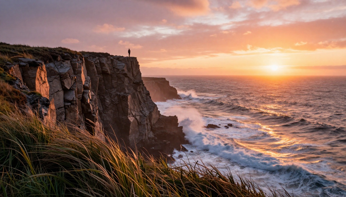 Dramatic coastal landscape at golden hour with rugged cliffs, crashing Pacific waves and blazing orange sky