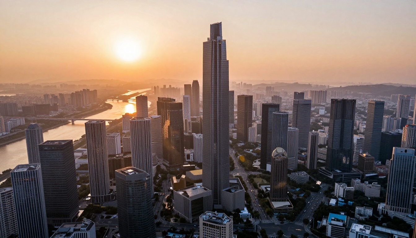 Aerial drone view of a modern city skyline at golden hour with long shadows and warm light