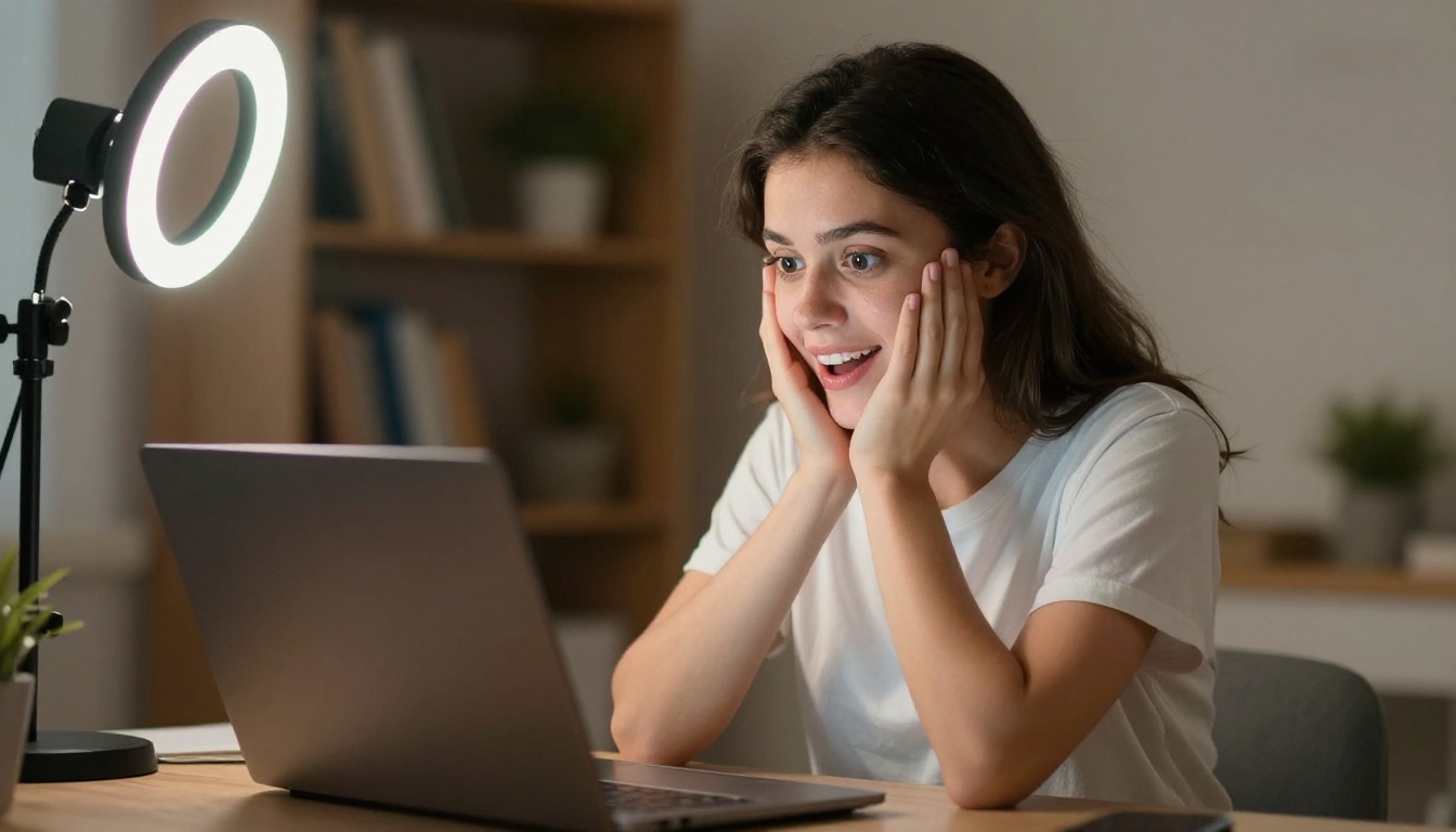 Content creator reacting with amazement while watching AI-generated video on a laptop