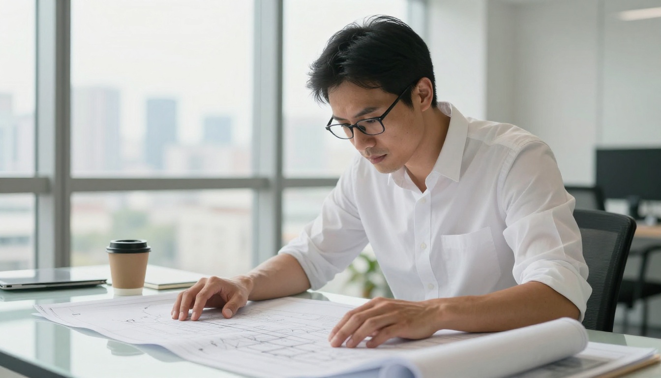 Professional architect reviewing blueprints at a glass drafting table, natural daylight, 50mm lens, Kodak Portra 400 film grain