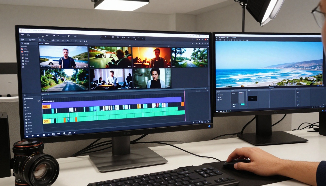 Video editing timeline showing multiple AI-generated clips arranged in sequence on dual monitors