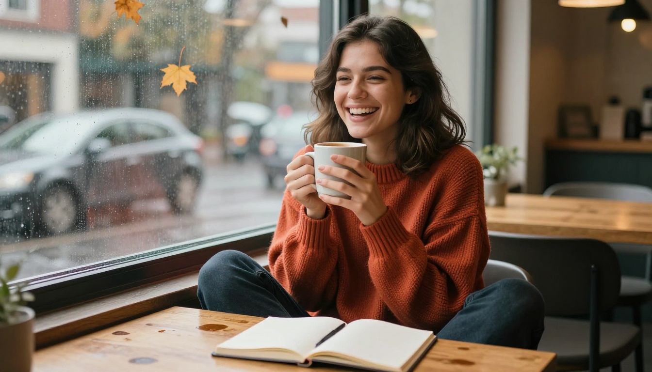 Young woman content creator laughing in a warm coffee shop with autumn leaves visible through rain-streaked windows