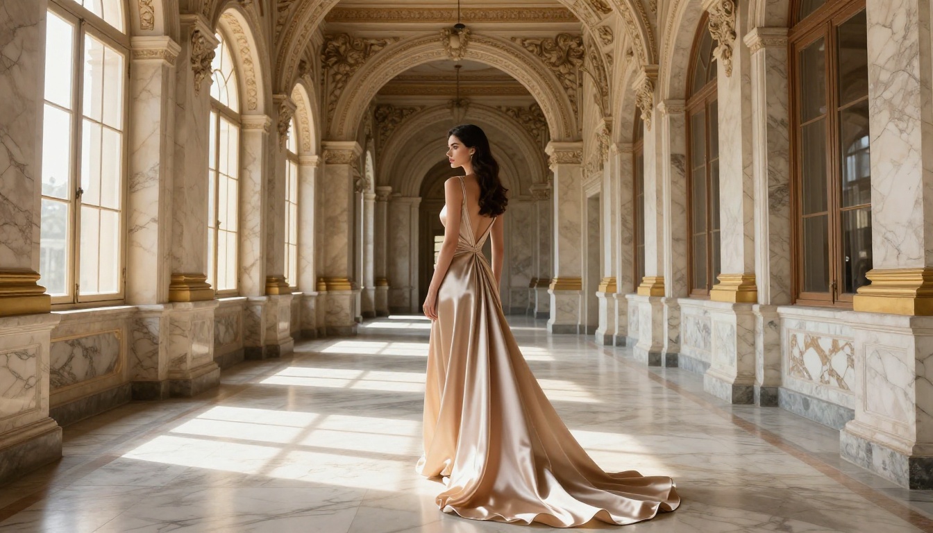 Luxury fashion editorial of an elegant woman in a champagne gown walking through a grand marble palace corridor