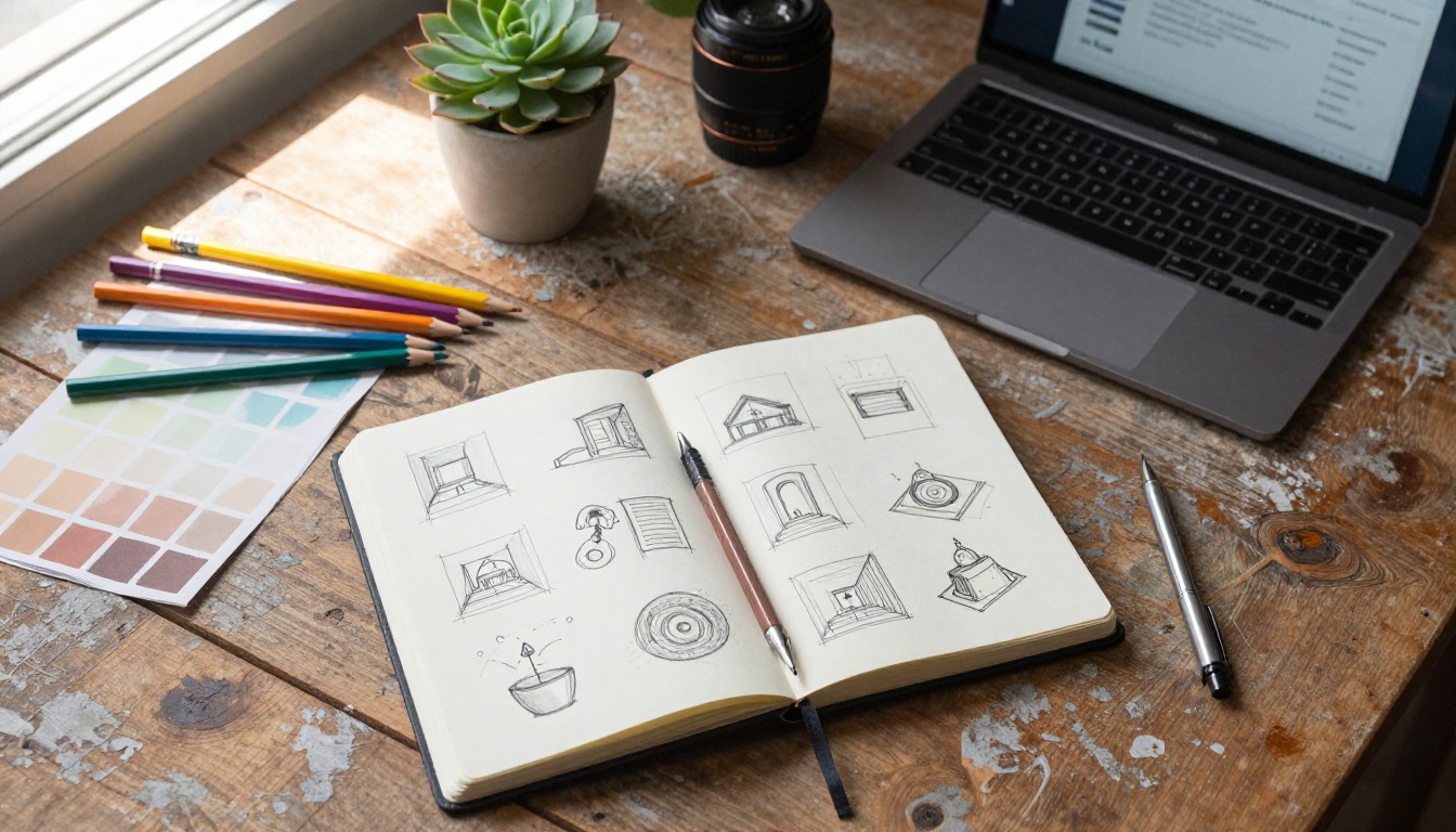 Designer's creative workflow flat-lay with sketchbook, colored pencils, laptop, natural window light, editorial photography