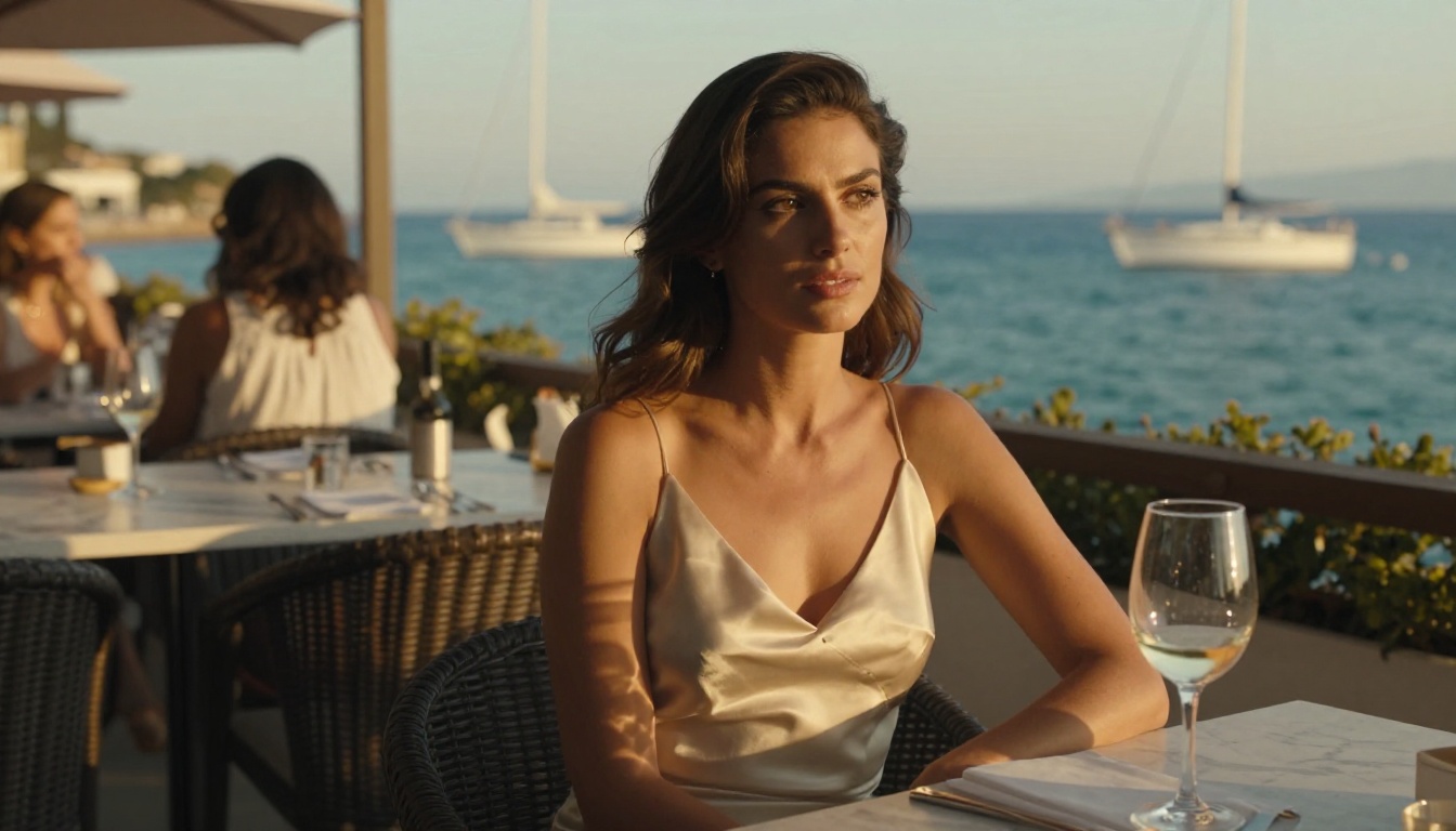 Elegant woman in a cream silk dress at a Mediterranean terrace in warm afternoon light