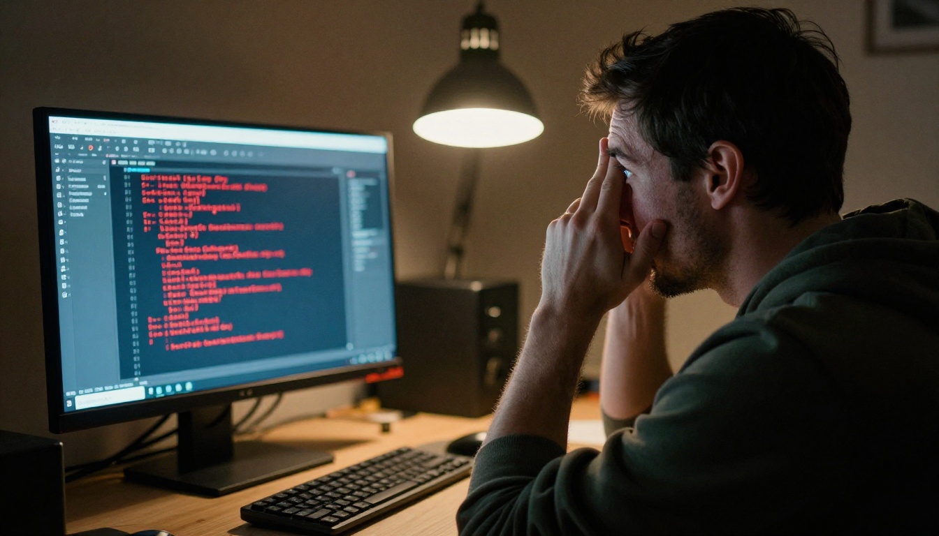 A frustrated developer in profile view, elbows on desk, hands at temples, staring at a monitor with a red error stacktrace in evening lighting
