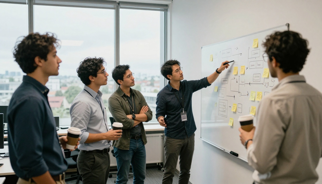 A small agile team gathered around a whiteboard covered in sticky notes and diagrams, one developer pointing at a section with a marker