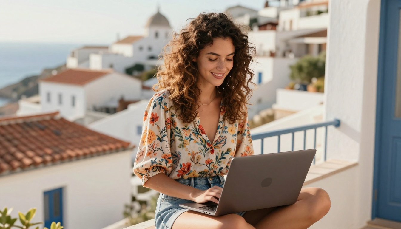 Young woman with curly hair on a Mediterranean balcony with laptop, warm afternoon sunlight, terracotta rooftops, lifestyle photography