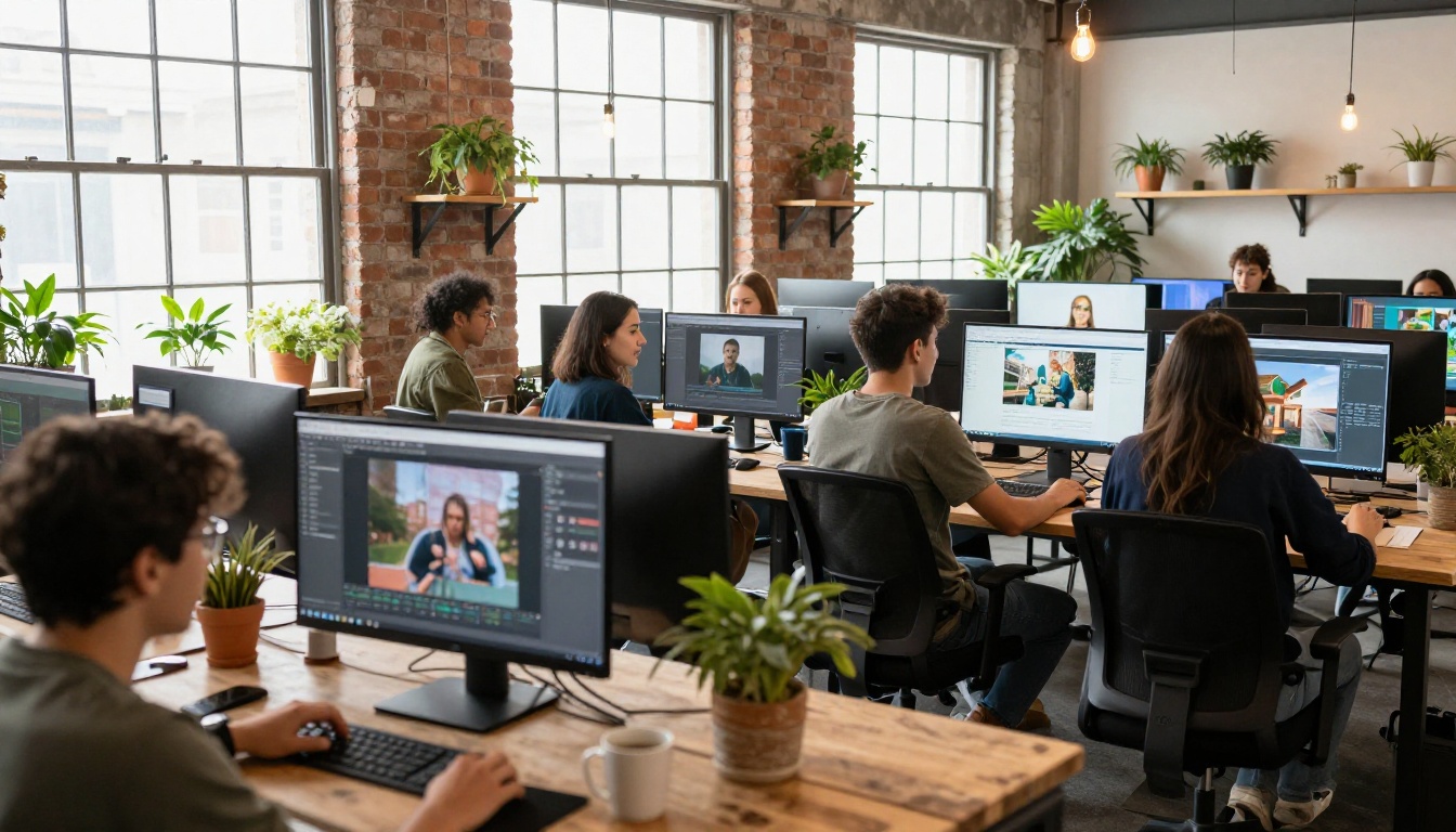 Creative agency team collaborating at multiple AI workstations in a bright open studio