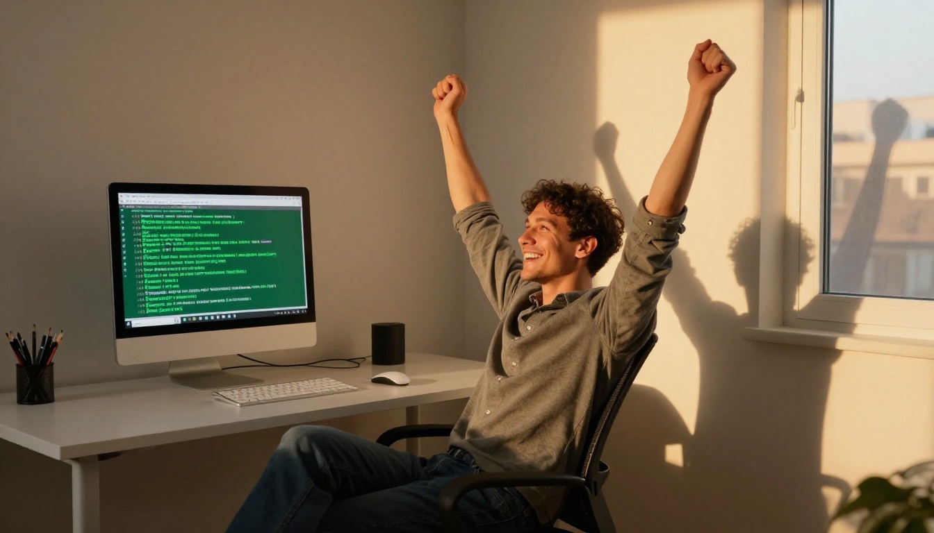 A developer celebrating with arms raised, looking at a terminal showing all green passing tests, bathed in warm late afternoon window light