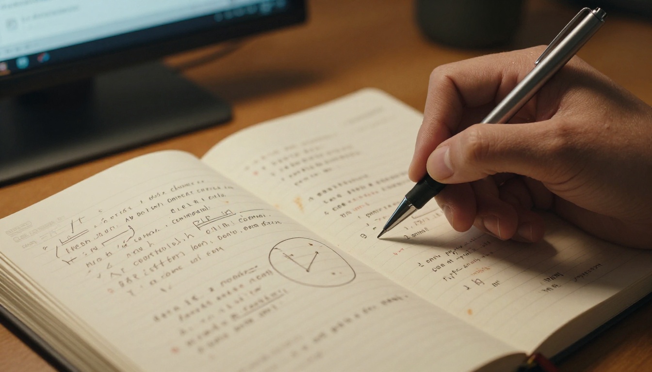 Extreme close-up of a developer's hand annotating a debugging notebook with pencil diagrams and circled problem areas on textured paper