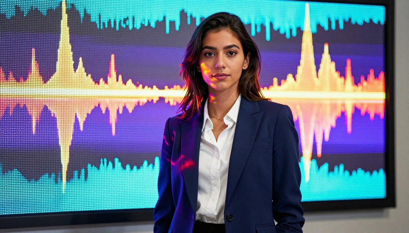 Confident young woman standing in front of a large LED data display panel, tailored blazer, vibrant RGB light reflecting on her face and fabric, slight low angle shot
