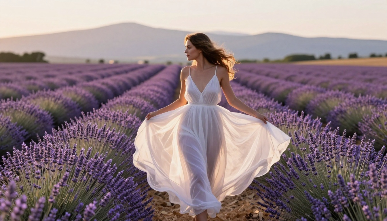Woman in flowing white translucent sundress walking through Provence lavender fields with golden backlight