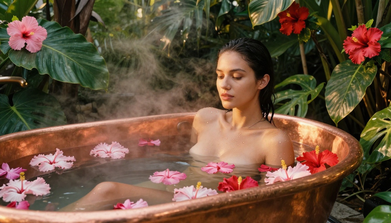 Intimate portrait of woman relaxing in copper outdoor bathtub surrounded by tropical hibiscus flowers at golden hour