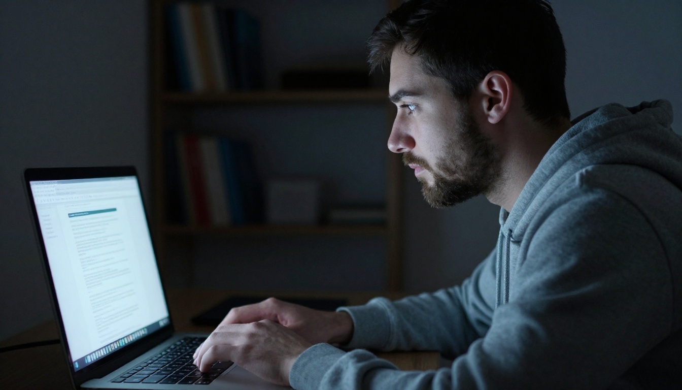 Young man with short beard looking at a laptop screen in a dark room, monitor light as the primary source creating dramatic chiaroscuro shadows, grey hoodie with fabric texture, bookshelf bokeh background