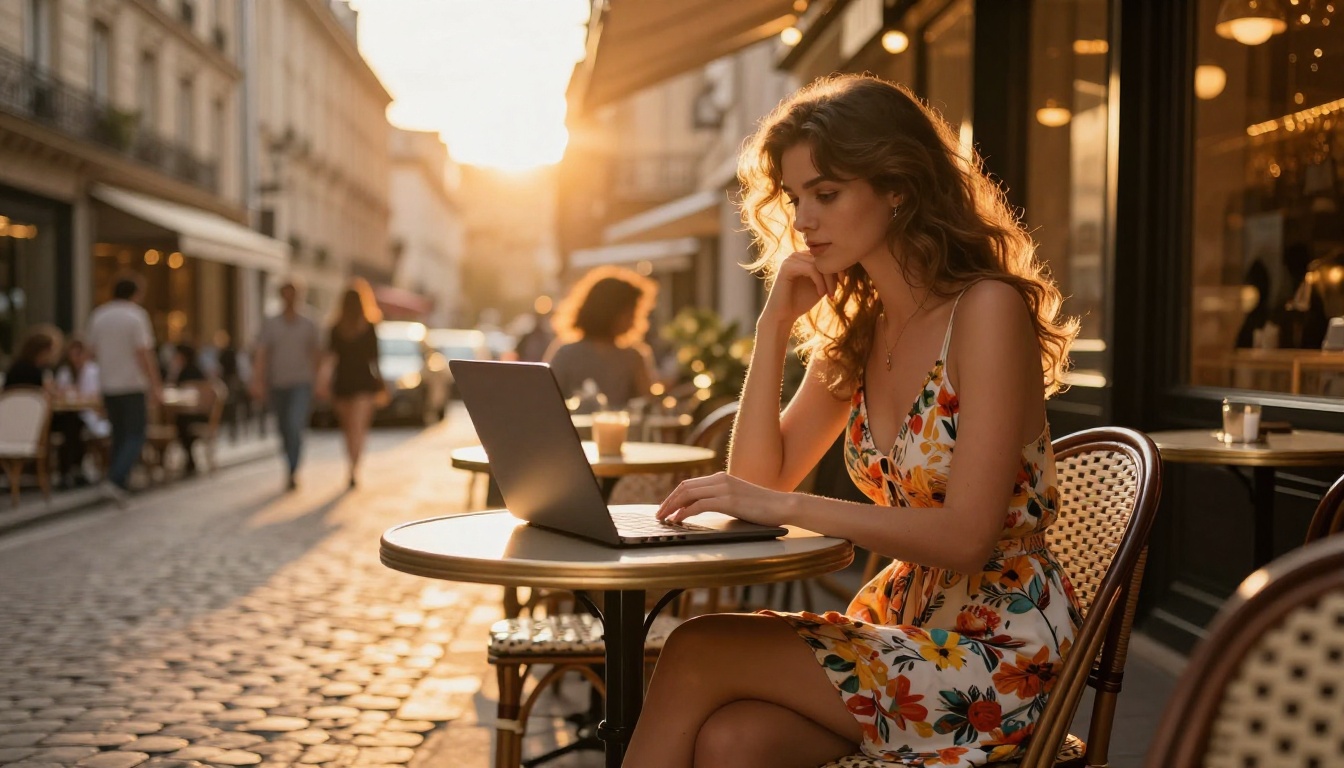 Stylishly dressed young woman in a floral dress at a Parisian cafe terrace, laptop glowing, golden hour sun creating a warm halo through her hair, cobblestone street bokeh background