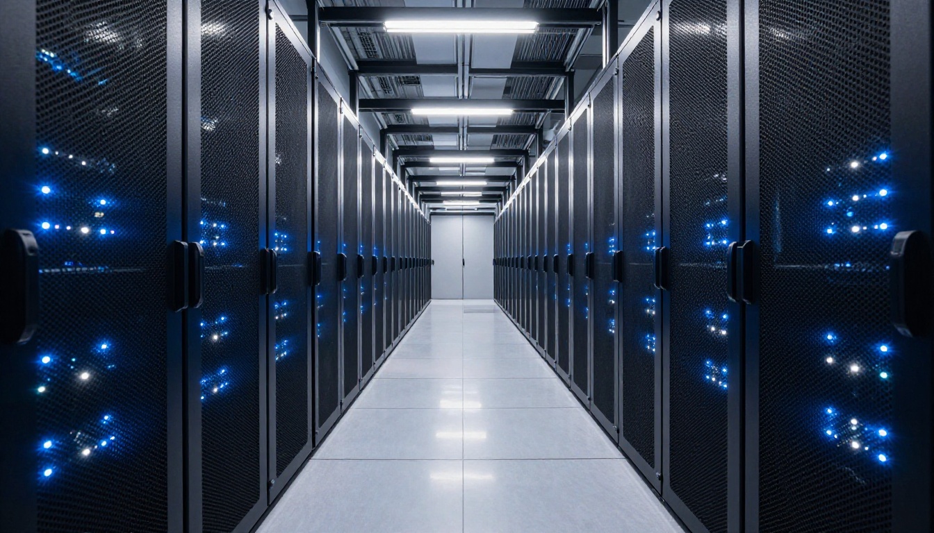Modern data center corridor, rows of illuminated server racks stretching to a vanishing point, cool blue and white LED lights, brushed metal surfaces reflecting overhead lighting, 24mm wide angle deep focus
