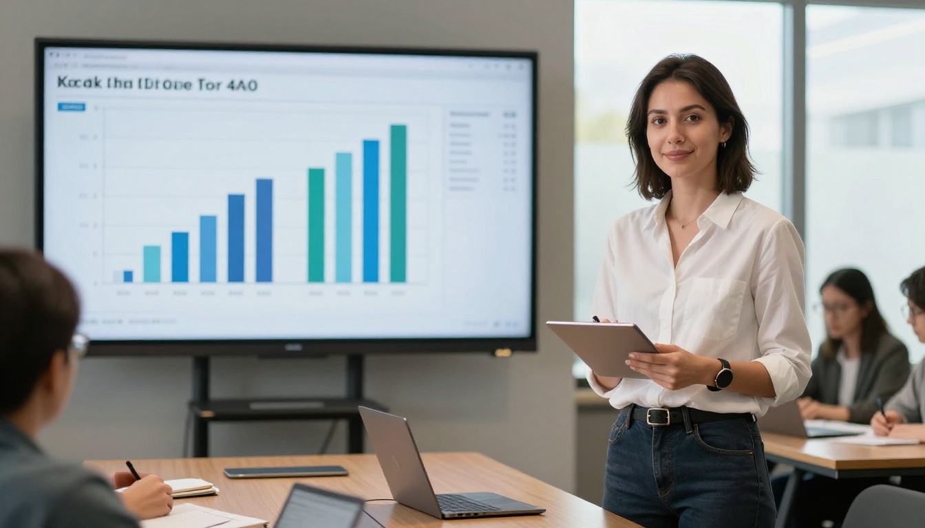 Female developer presenting benchmark results on screen in conference room