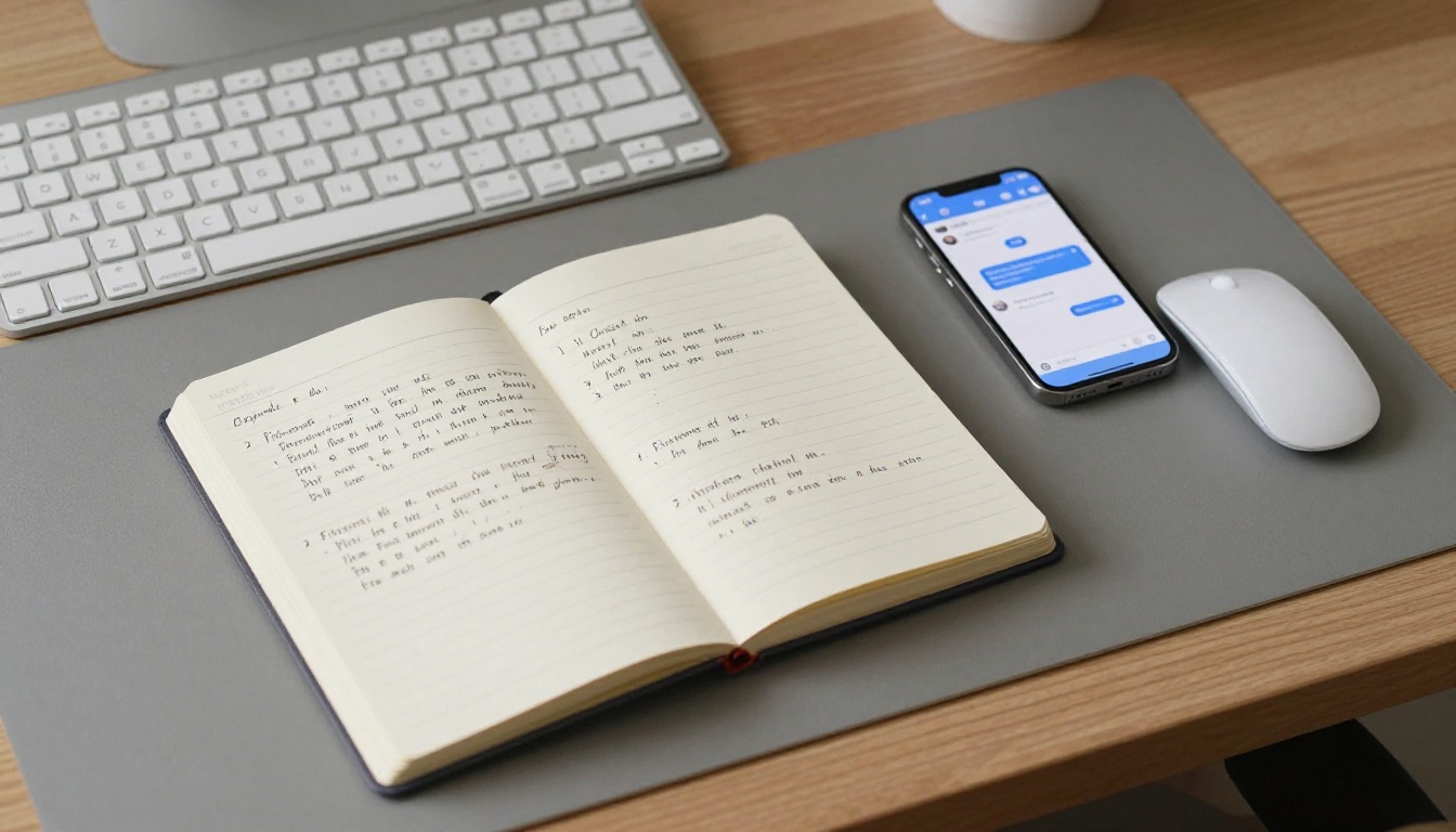 Overhead flat-lay of developer's desk with notebook, keyboard, and smartphone