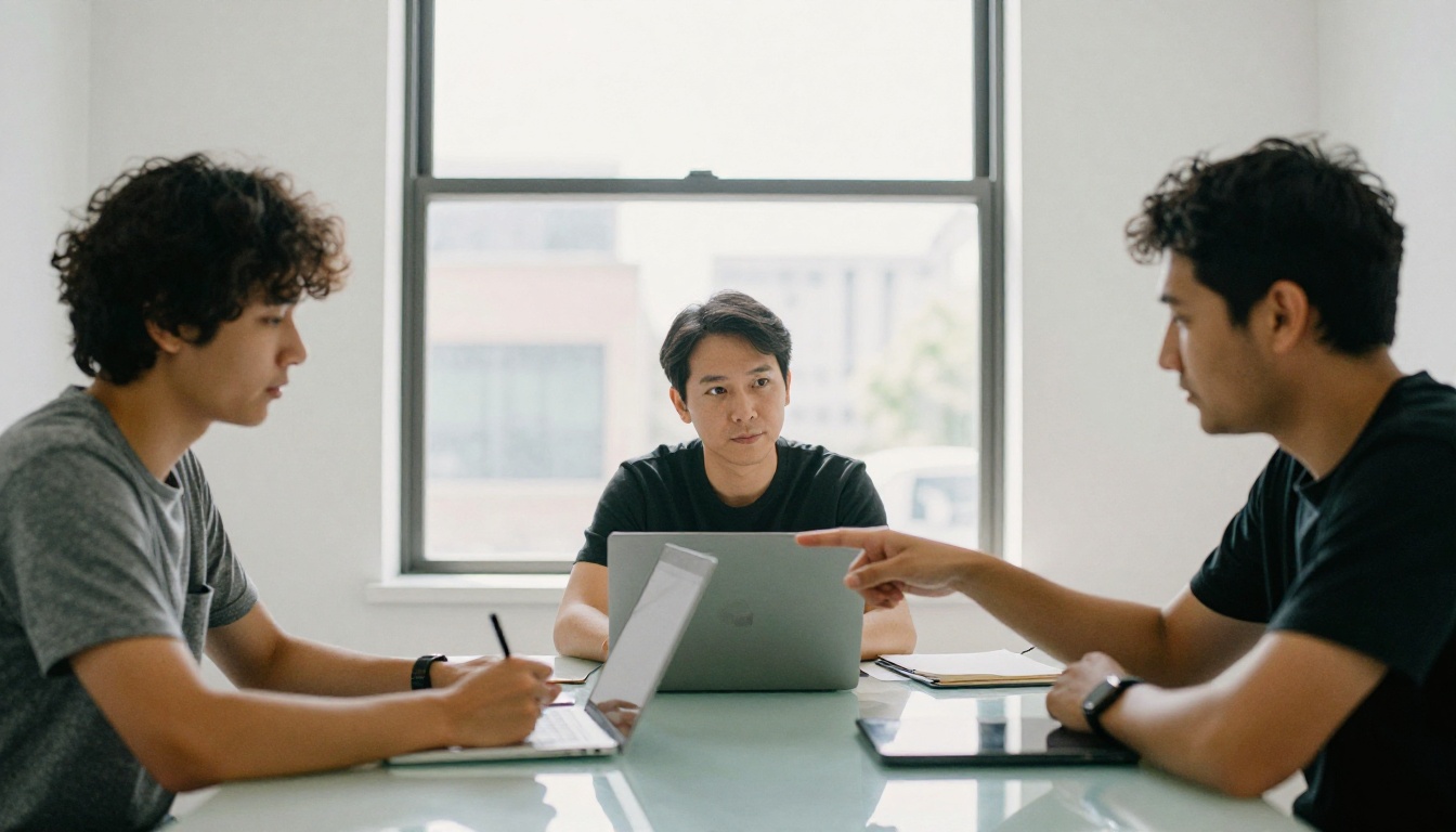 Two developers collaborating at a glass table in a bright minimalist meeting room