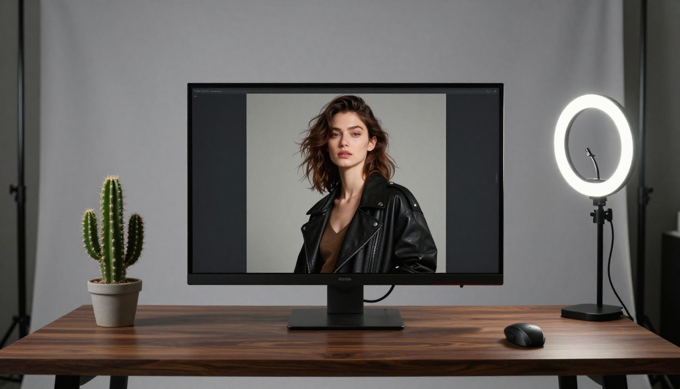Photography studio with monitor displaying AI-generated fashion portrait