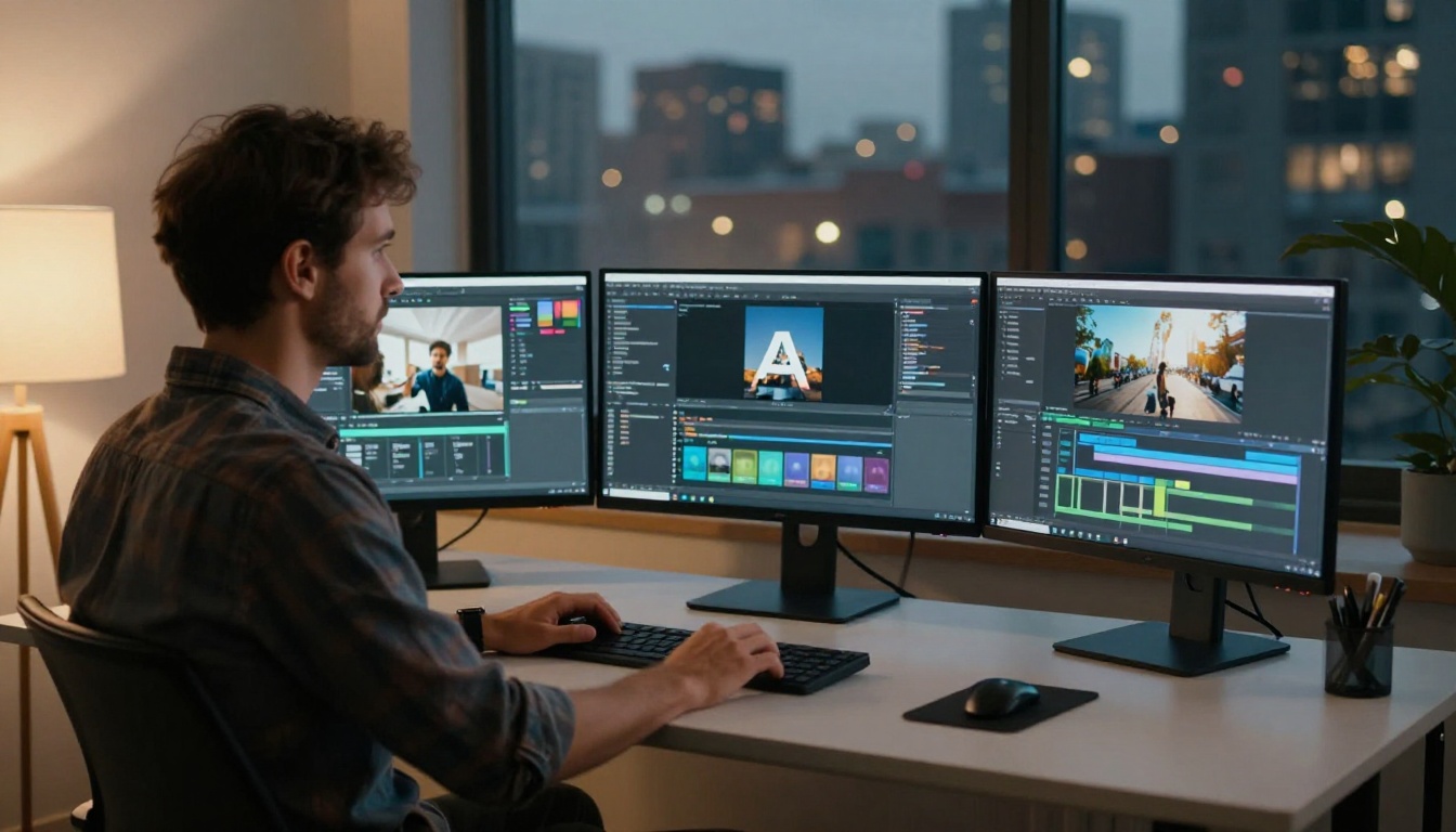 Creative professional at standing desk with three monitors showing different AI tools Creative professional at standing desk with three monitors showing different AI tools