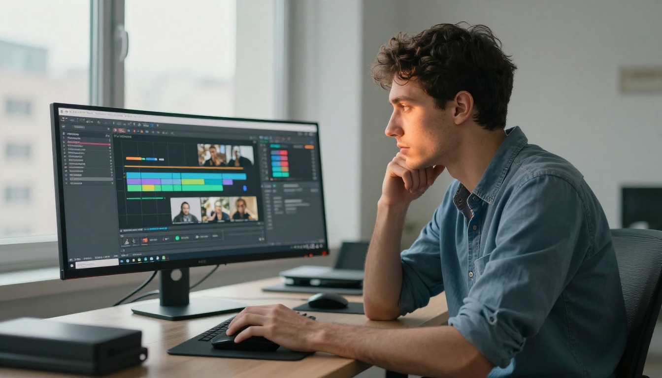 Professional focused on AI video timeline at standing desk