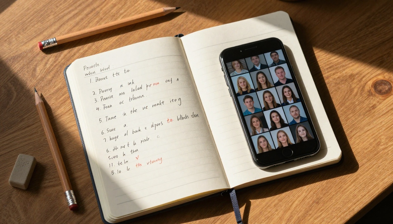 Overhead flat lay of notebook with AI comparison notes next to phone showing image grid Overhead flat lay of notebook with AI comparison notes next to phone showing image grid