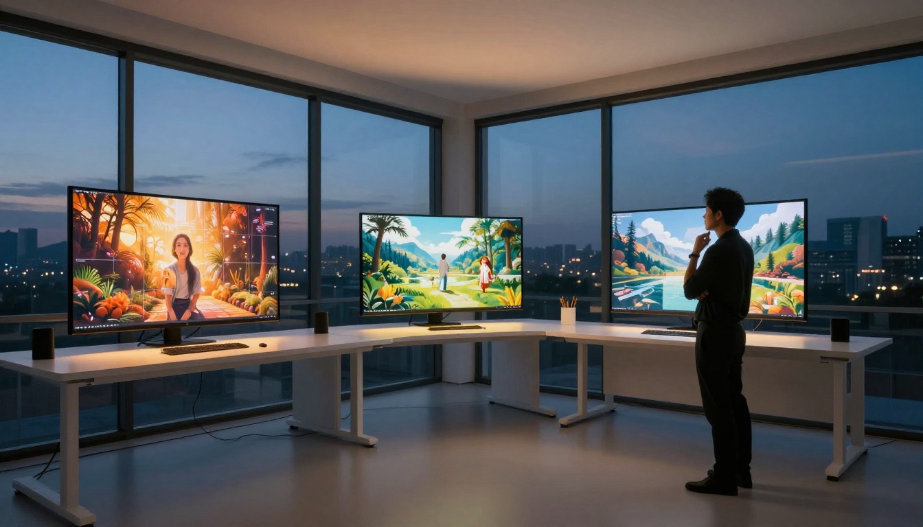 Creative design studio at dusk with three monitors showing AI-generated image gallery