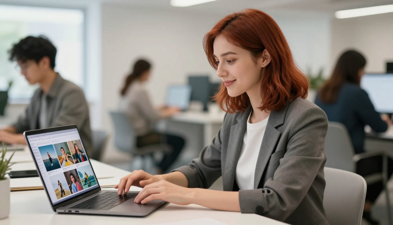 Woman at co-working space laptop reviewing AI-generated images with satisfaction Woman at co-working space laptop reviewing AI-generated images with satisfaction