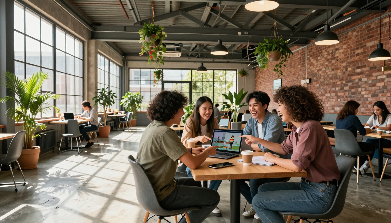 Young professionals sharing animated content in modern co-working space