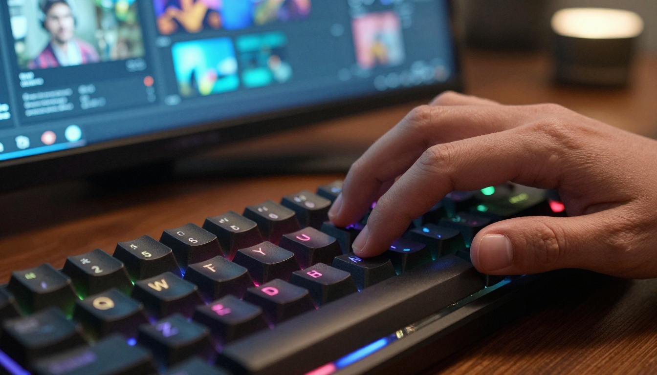 Hands typing on mechanical keyboard with AI interface in background