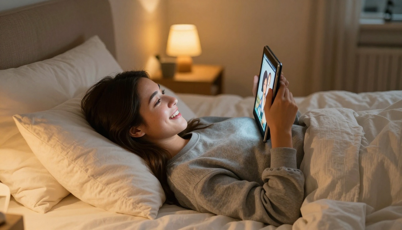 Woman relaxing and watching animated video content on tablet