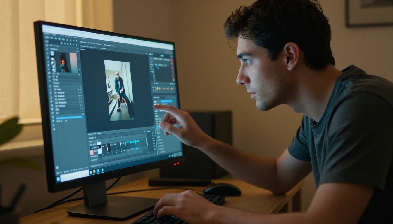 Man adjusting image quality settings on a large desktop monitor with monitor glow illuminating his face