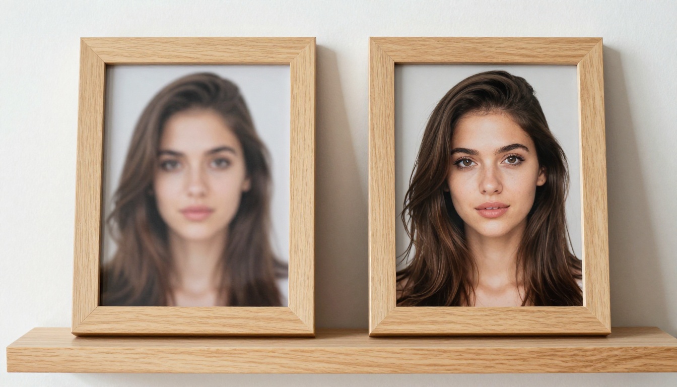 Two framed portrait photographs side by side on a wooden shelf showing quality difference between low and high resolution outputs
