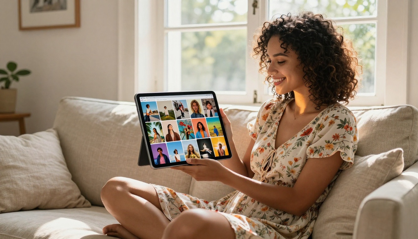 Young woman with curly hair holding tablet showing a vibrant AI-generated image mood board collage