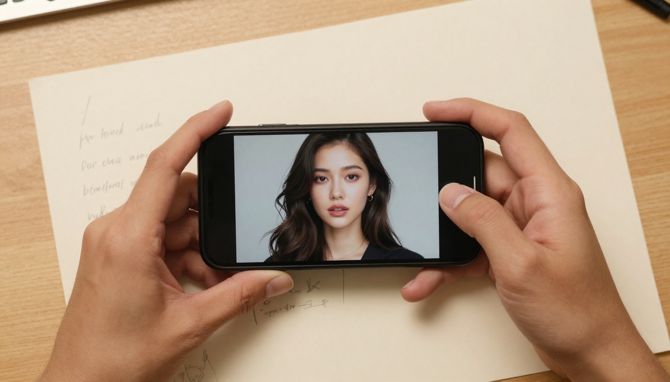 Aerial view of hands holding smartphone displaying a high-resolution AI-generated portrait ready to share