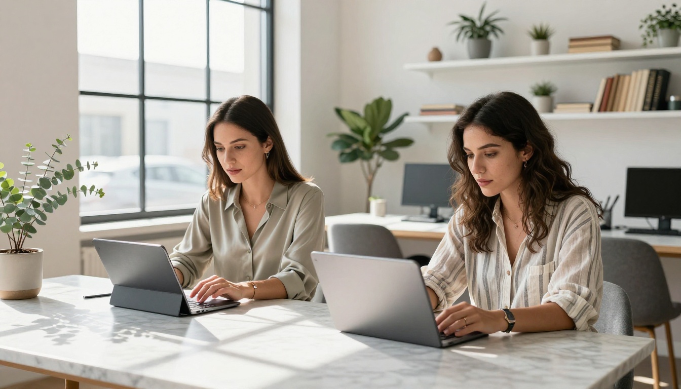 Two women content creators collaborating on AI-generated images in a bright minimalist studio