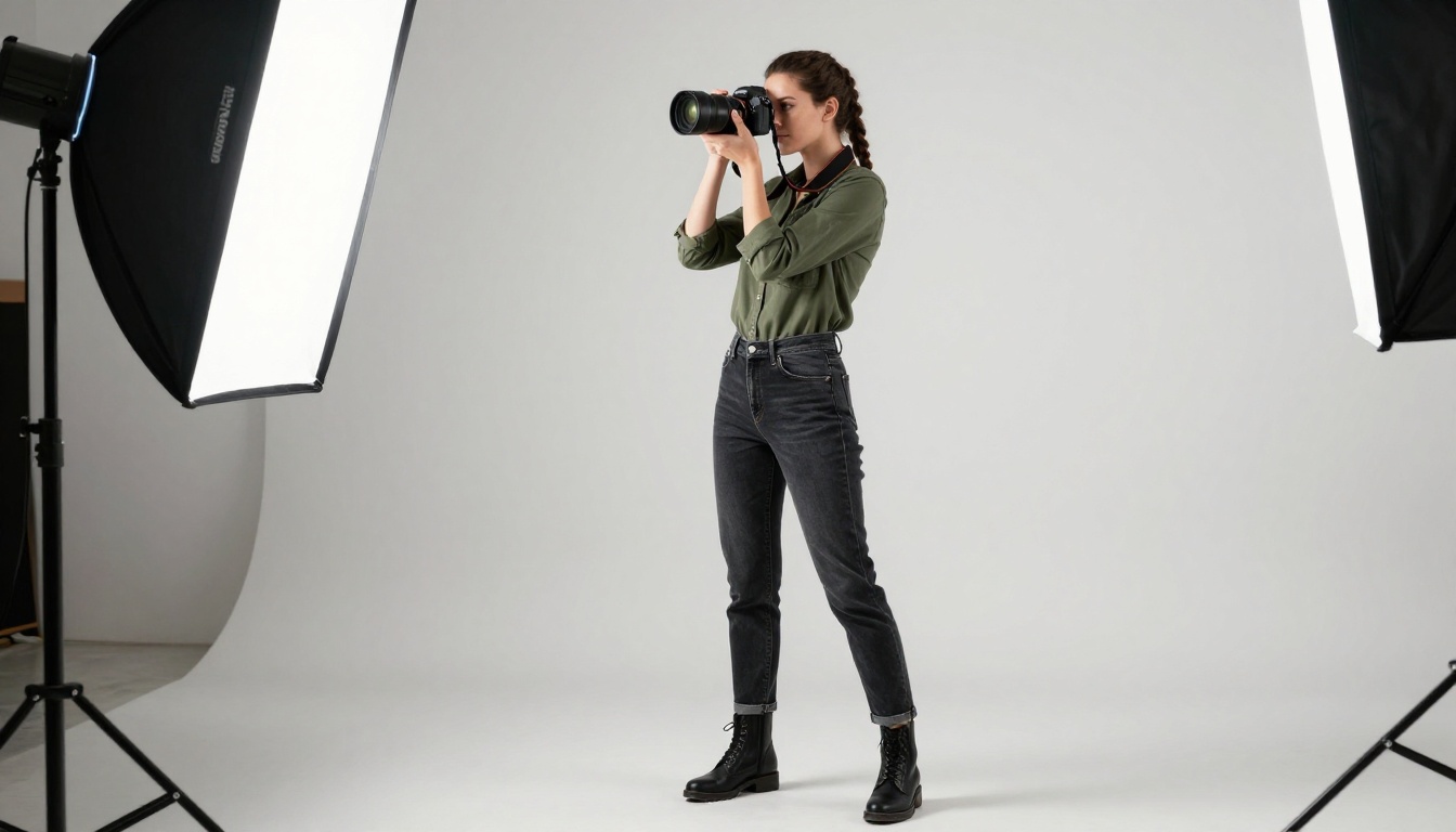 Woman photographer standing in a professional studio, camera raised to eye, confident mid-shoot stance
