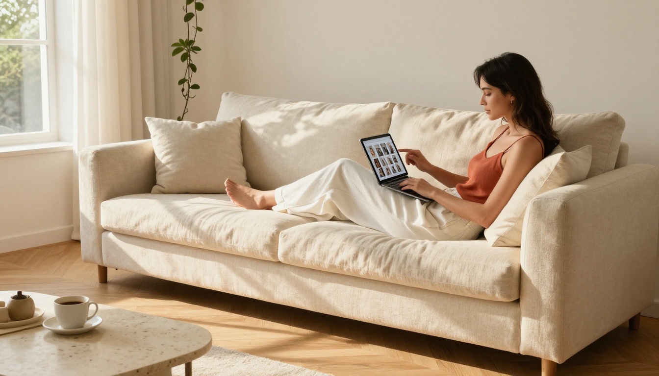 Woman relaxing on a cream sofa browsing an AI image portfolio on a large iPad in afternoon sunlight