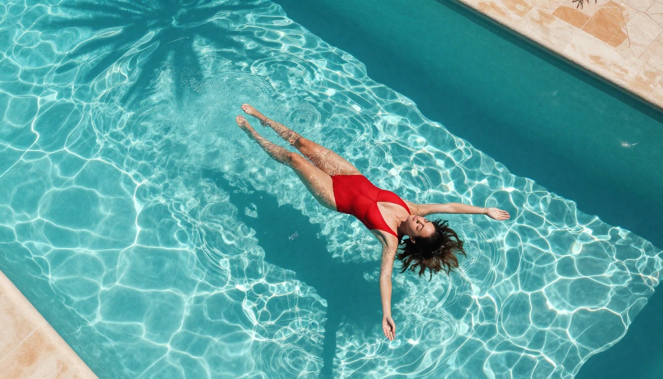 Aerial bird's-eye view of woman in red swimsuit floating in crystalline turquoise infinity pool