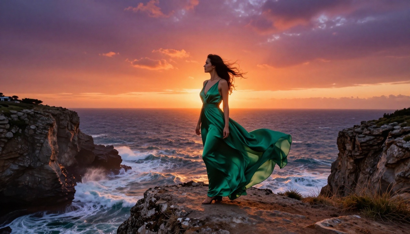 Woman in flowing emerald dress standing at dramatic coastal cliff edge at sunset with crashing waves below