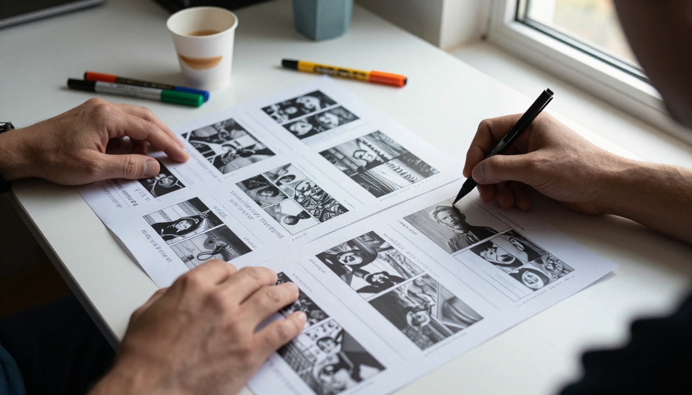 Creative director reviewing printed storyboard frames on architect's table Creative director reviewing printed storyboard frames on architect's table